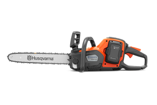 Side view of a Husqvarna battery-powered chainsaw.