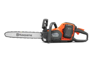 Side view of a Husqvarna battery-powered chainsaw.