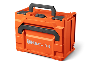 Front view of a Husqvarna tool storage box with handle.