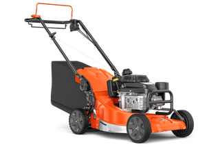 Side view of a Husqvarna lawn mower with a visible engine and grass collection bag.