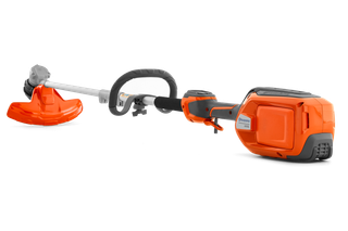 Side view of a Husqvarna battery-powered trimmer showcasing its ergonomic handle and cutting head.