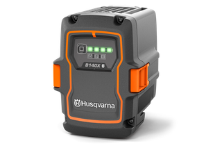 Front view of a Husqvarna B140X battery with LED charge indicator.