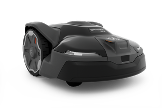 Side view of a Husqvarna robotic lawn mower on a white background.