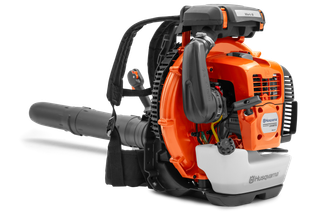 Side view of a Husqvarna backpack leaf blower showcasing its engine and straps.