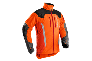 Front view of a Husqvarna work jacket with multiple pockets and reinforced areas.