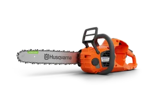 Side view of a Husqvarna chainsaw with a visible chain and ergonomic handle.