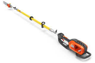 Side view of a battery-powered pole saw with an extended reach for trimming tall branches.