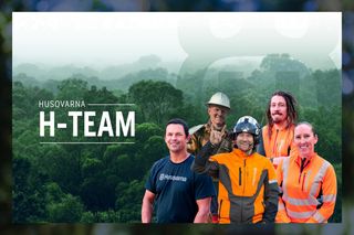 Banner with 'HUSQVARNA H-TEAM' text and five people in branded work gear before a forest.