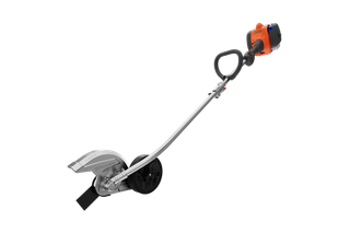Side view of a garden edger with a curved shaft and a protective blade guard.