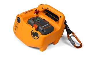 Side view of a Husqvarna construction product with a safety harness attached.