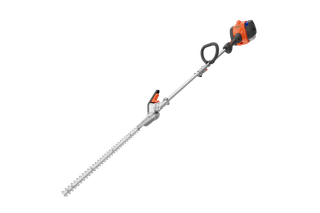 Side view of a hedge trimmer with a long blade and ergonomic handle.