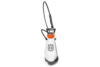 Front view of a Husqvarna garden sprayer with a long nozzle and handle.