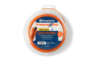 Front view of Husqvarna Titanium X-Pro trimmer line packaging.