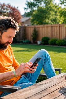 A person sitting outdoors on a brick surface, using a laptop in a garden setting.