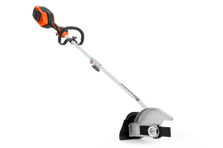 Side view of a battery-powered garden edger with ergonomic handle.