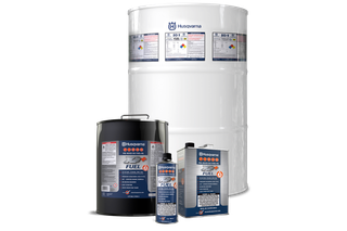Front view of various Husqvarna fuel containers, including a large drum and smaller cans.