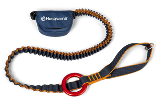 Husqvarna tool lanyard with a red ring and elastic cord, designed for secure tool attachment.