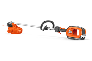 Side view of a Husqvarna battery-powered grass trimmer with ergonomic handle.