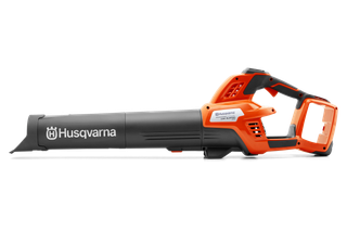 Side view of a Husqvarna leaf blower showcasing its ergonomic handle and design.