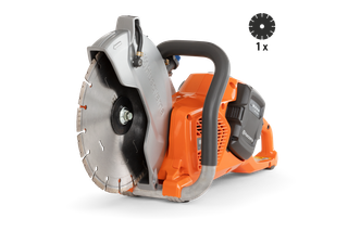 Side view of a Husqvarna power cutter with a circular blade, showcasing its ergonomic handle.