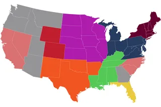 Map of the United States with regions highlighted in different colors.
