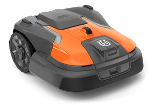 Front view of a robotic lawn mower designed for efficient garden maintenance.