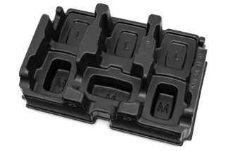 Top view of a plastic tray with compartments labeled 'L' and 'M'.