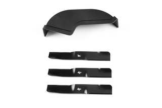 Top view of three black lawn mower blades and a protective cover.
