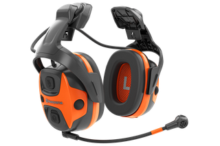 Front view of Husqvarna hearing protection headset with microphone.