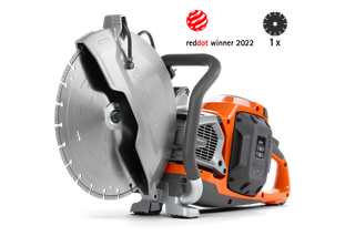 Side view of a power cutter with a circular blade, showcasing its design and features.