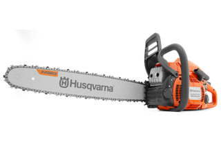 Side view of a Husqvarna chainsaw with X-Force branding on the blade.