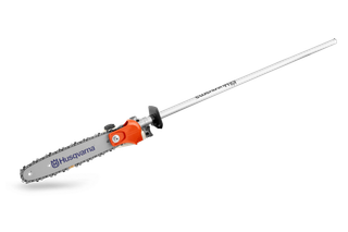 Side view of a Husqvarna pole saw attachment with cutting chain.