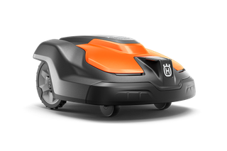 Side view of a Husqvarna robotic lawn mower with visible wheels.