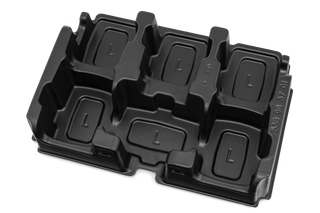 Top view of a black plastic packaging tray with multiple compartments.