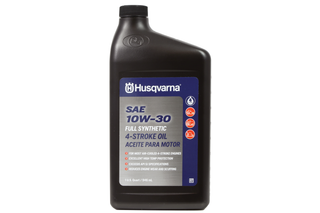 Front view of a Husqvarna SAE 10W-30 full synthetic 4-stroke engine oil bottle.
