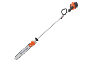 Side view of a Husqvarna pole saw with a long handle and chainsaw attachment.